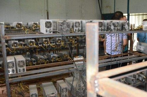 An image depicting a modern, energy-efficient mining rig setup in a sustainable mining farm